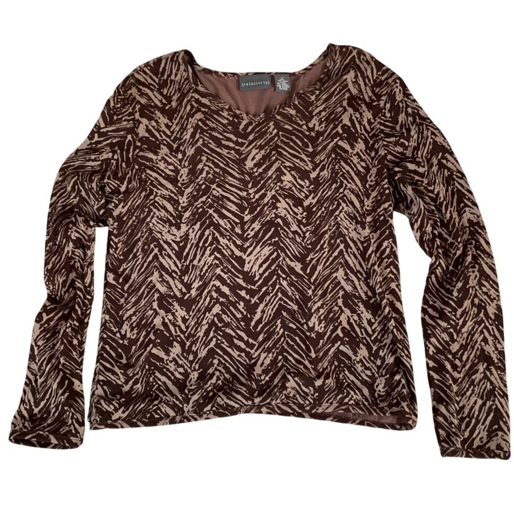 Relativity Brown‎ Tan Abstract Chevron Mesh Long Sleeve Top Womens M